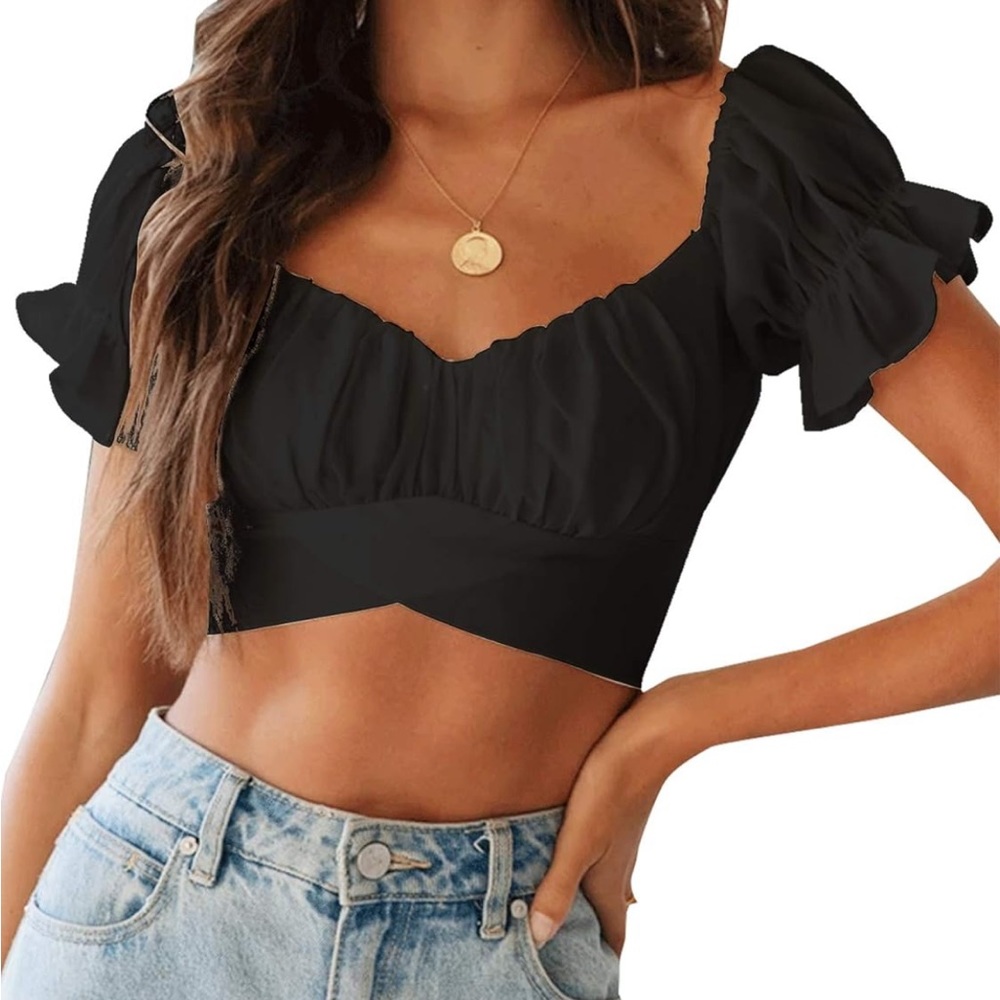 Ruffle Short Sleeve Tie Up Back Crop Top Off Shoulder Bardot Blouse